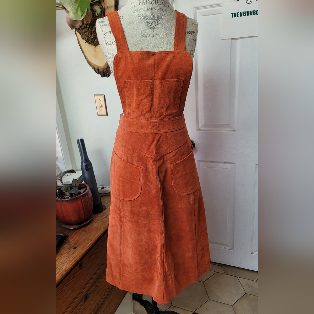 RARE Free People Orange Suede Apron Dress, Sz 12 - Picture 2 of 6